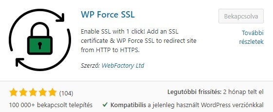 Aktivált WP Force SSL bővítmény